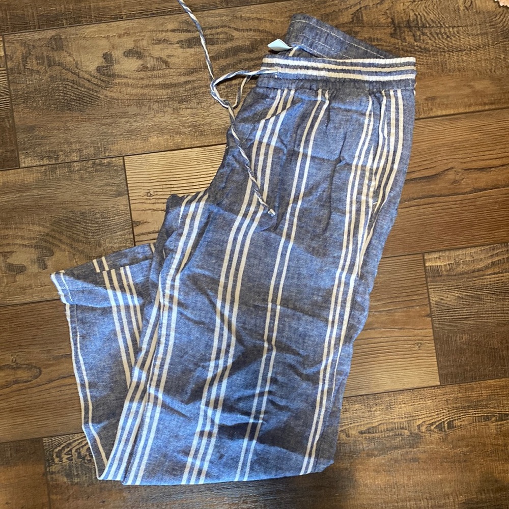 Old navy blue and white striped linen pants